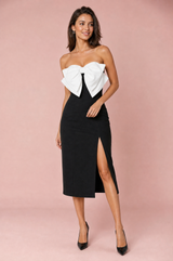 Black Strapless Bow-Detail Slit Midi Dress