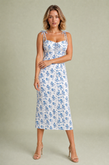 Floral Square-Neck Fitted Open-Back Midi Dress