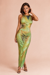 Green Printed Sleeveless Midi Dress