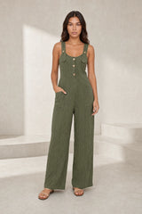 Loose military green backless jumpsuit