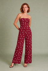 Polka Dot Strapless Smocked Wide-Leg Jumpsuit