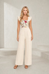 Beige square-neck wide-leg jumpsuit
