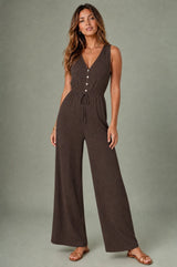 Flowy V-Neck Tie-Waist Wide-Leg Jumpsuit