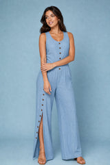 Front-buttoned sleeveless jumpsuit