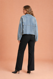 Veste en jean bleu délavé courte | Vue de dos | Lounelle Paris