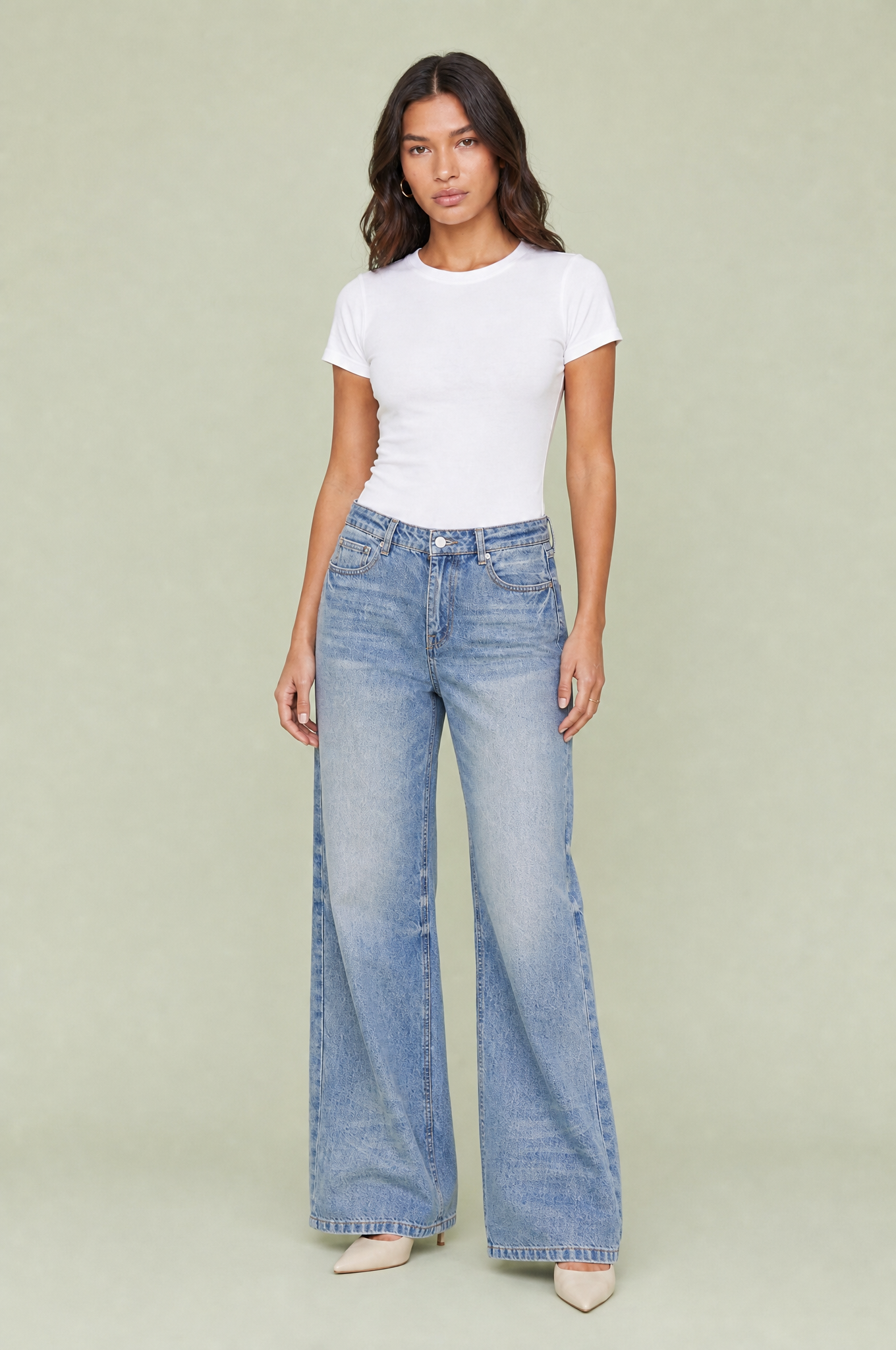 Jean bleu taille mi-haute coupe ample | Vue de face | Lounelle Paris