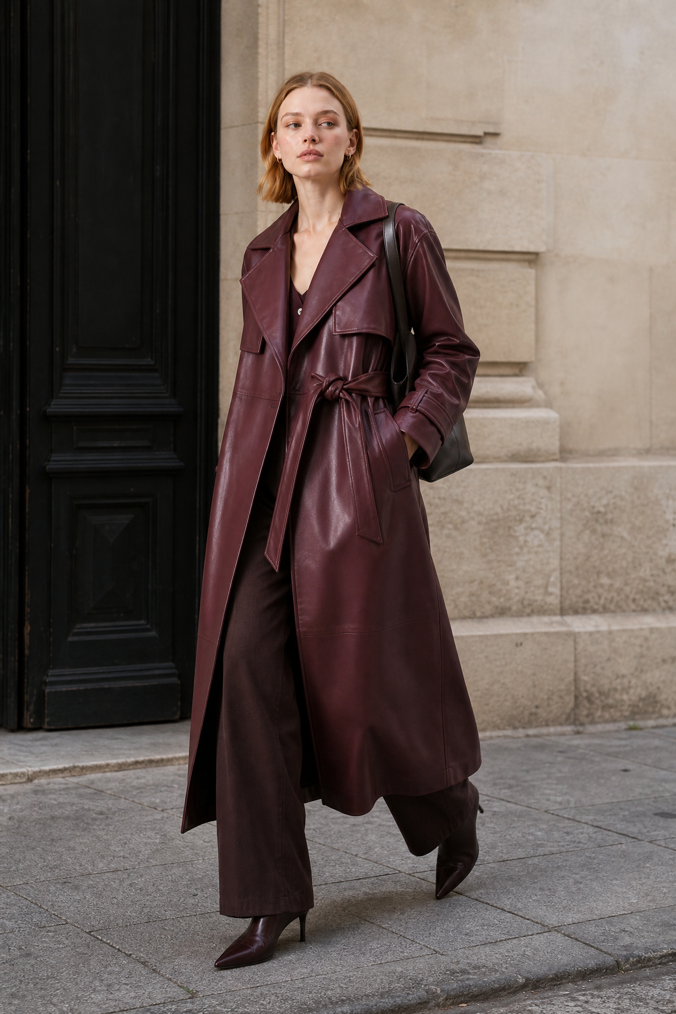 Manteau long effet cuir ceinturé | Photo lifestyle | Lounelle Paris