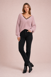 Pull col V à dentelle | Variante Rose | Lounelle Paris