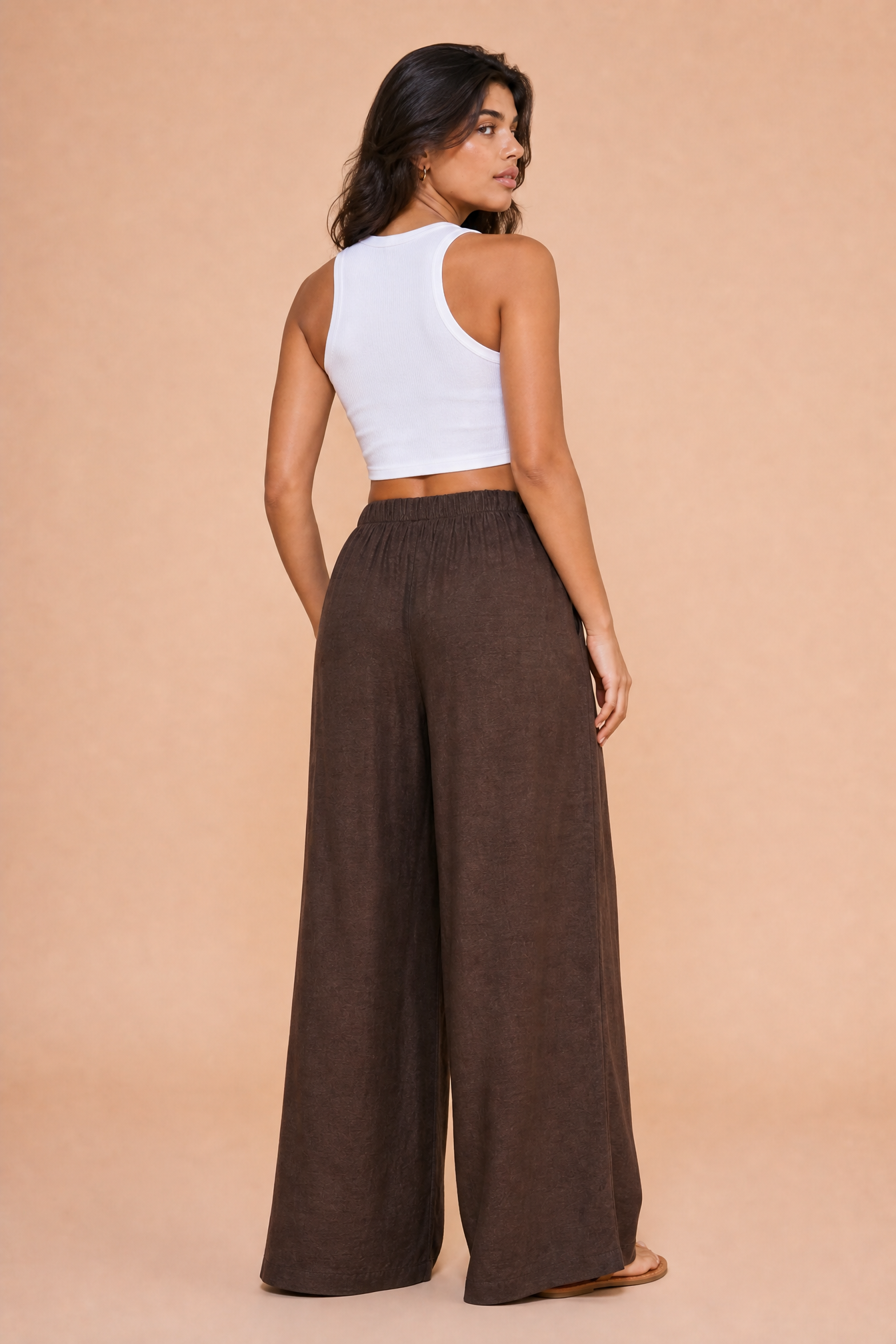 Pantalon marron large taille haute | Vue de dos | Lounelle Paris