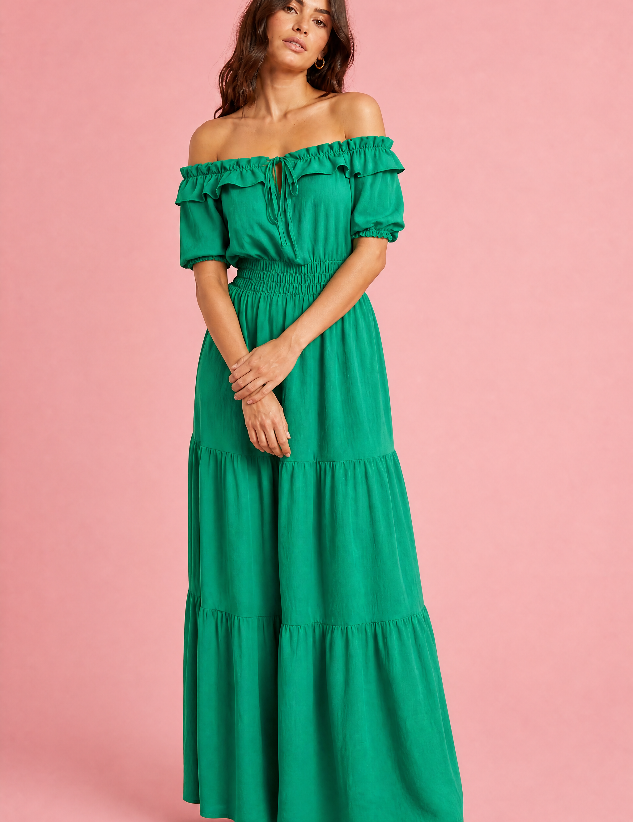 Robe à volants épaules dénudées | Variante Vert | Lounelle Paris