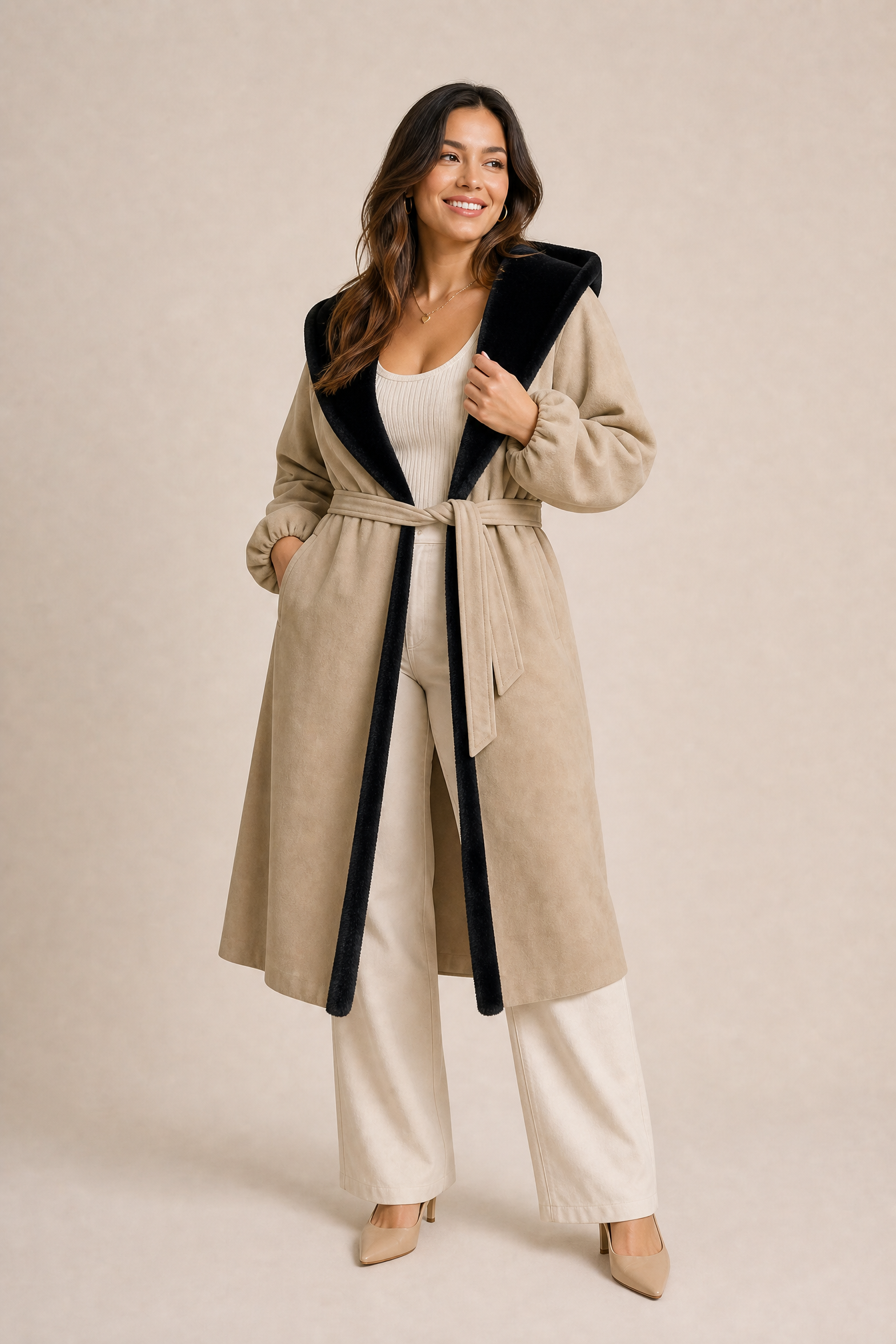 Manteau beige matelassé à capuche | Porté sur une autre silhouette | Lounelle Paris