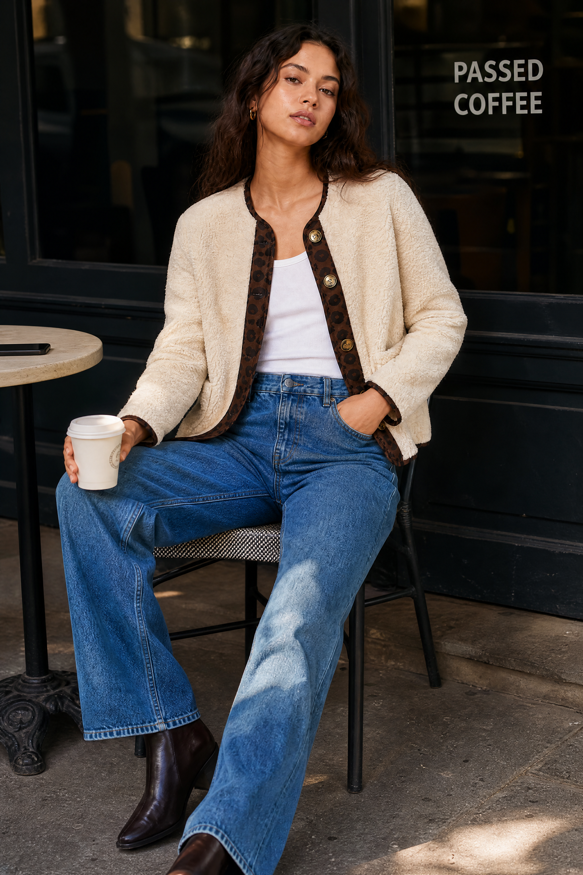Veste beige sherpa à bordures léopard | Photo lifestyle | Lounelle Paris