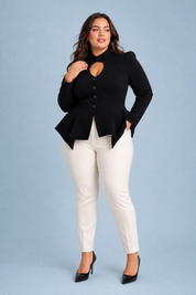 Veste noire péplum col montant | Porté sur une autre silhouette | Lounelle Paris
