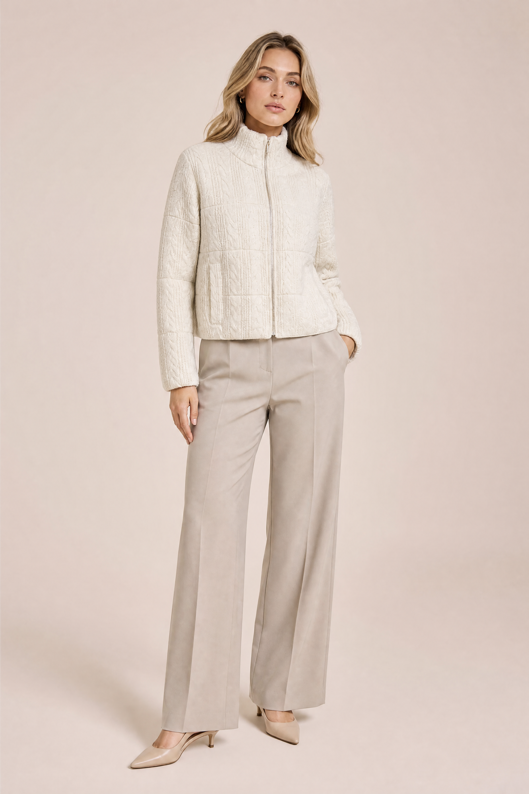 Veste maille beige col montant | Vue de face | Lounelle Paris