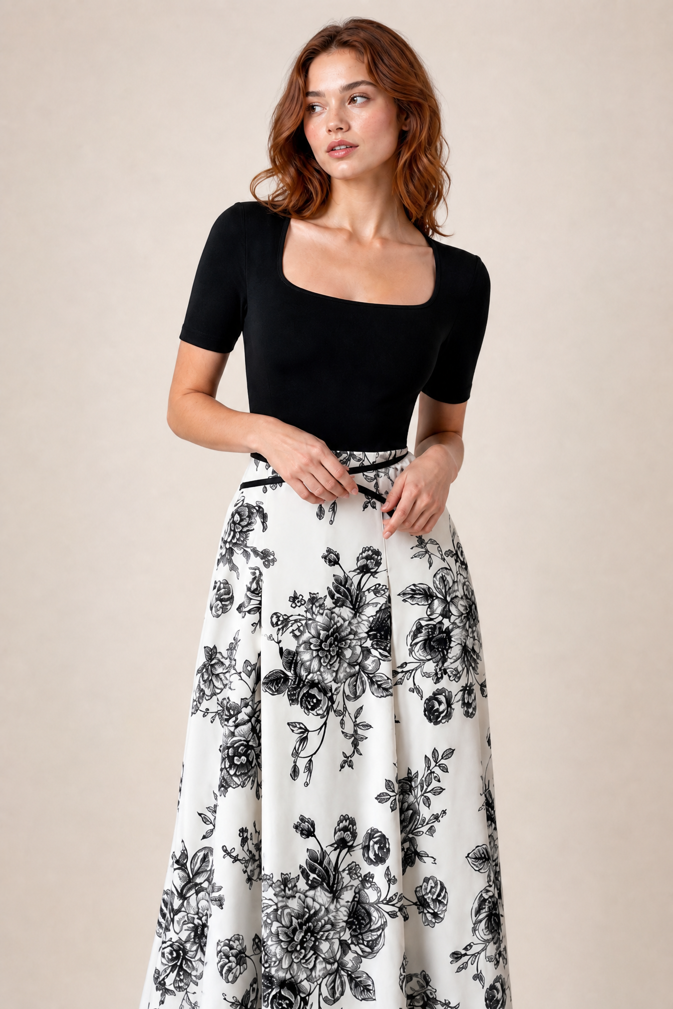 Robe longue bicolore col carré | Vue rapprochée | Lounelle Paris