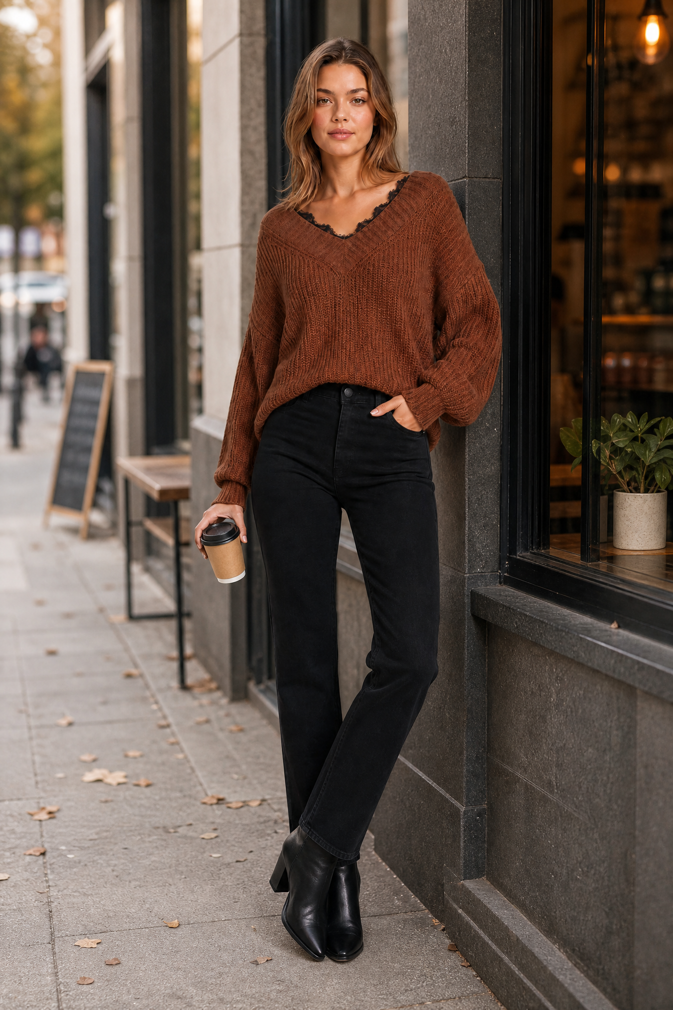 Pull col V à dentelle | Photo lifestyle | Lounelle Paris
