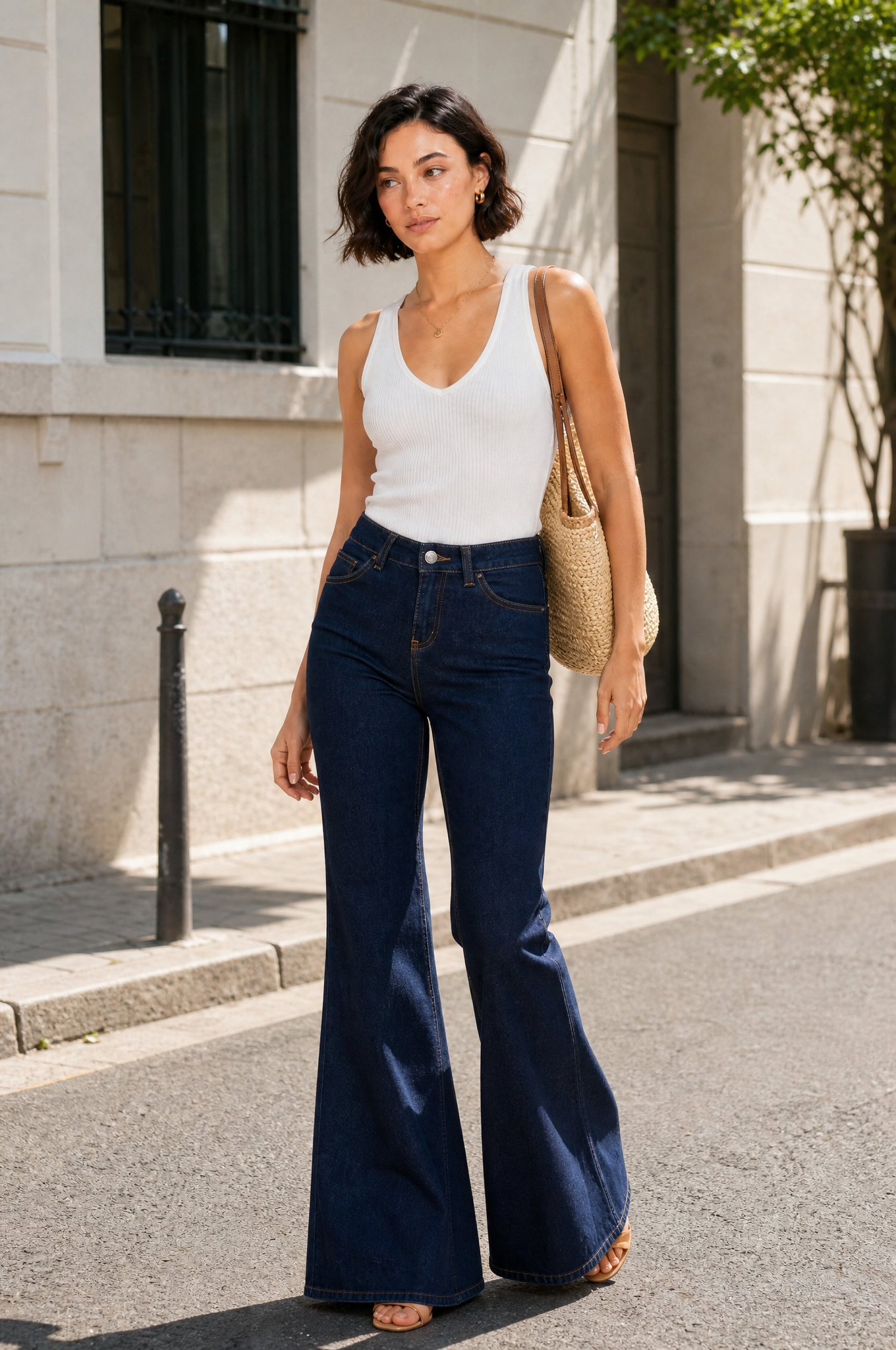 Pantalon bleu foncé évasé taille mi-haute | Photo lifestyle | Lounelle Paris