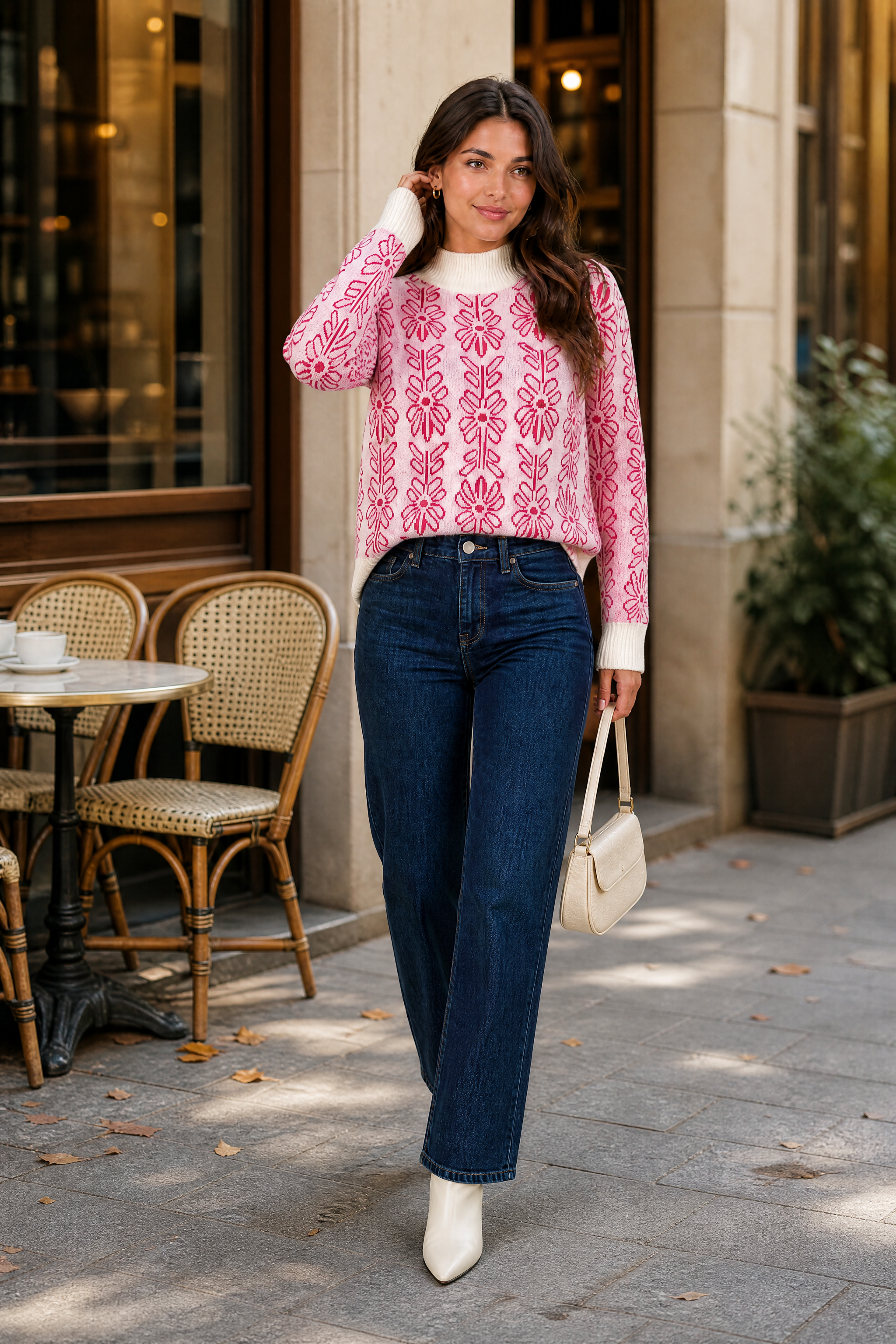 Pull rose jacquard col montant | Photo lifestyle | Lounelle Paris