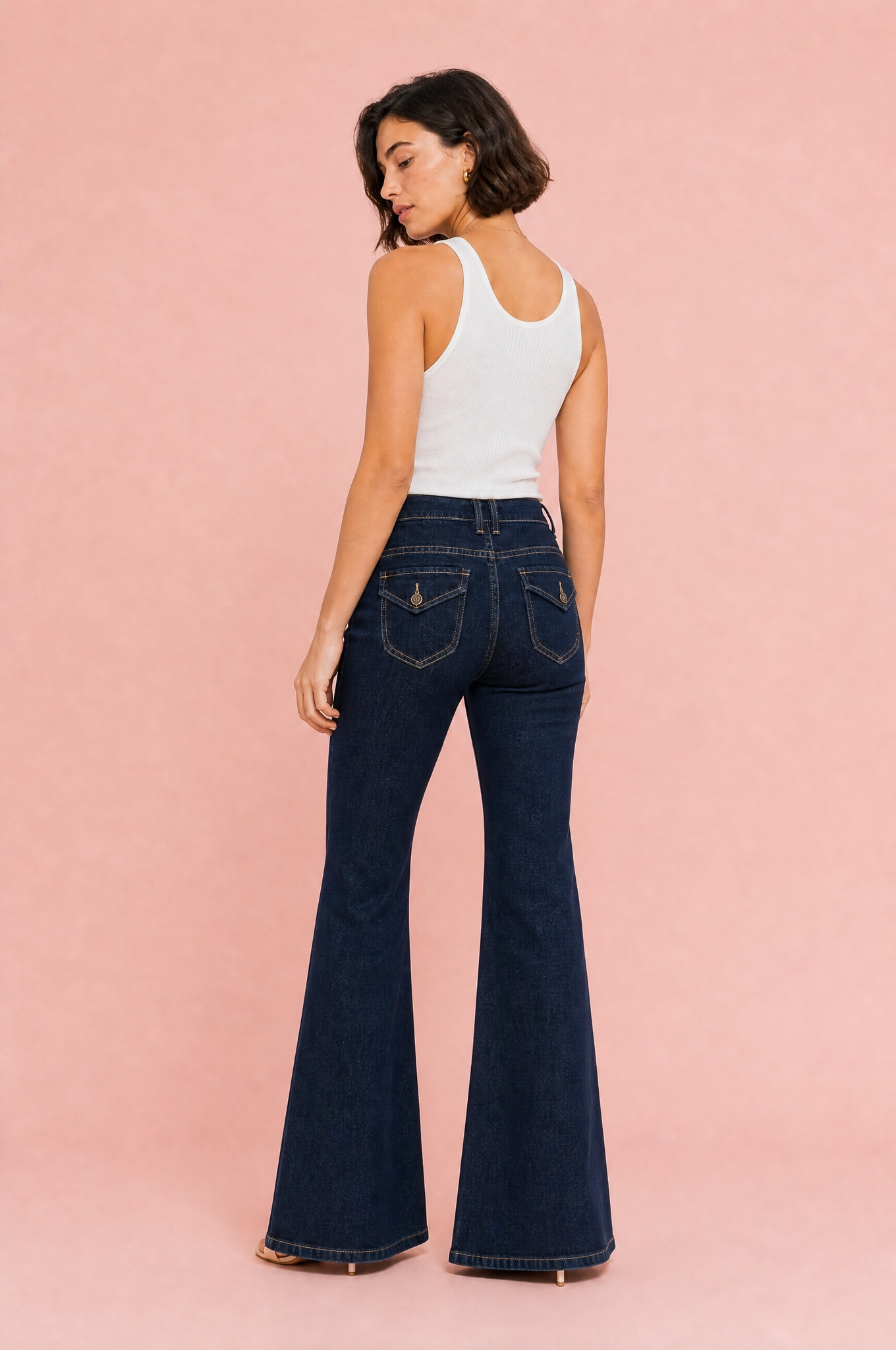 Pantalon bleu foncé évasé taille mi-haute | Vue de dos | Lounelle Paris