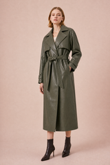 Long belted faux leather coat