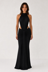 Ruched Draped High-Neck Maxi Dress