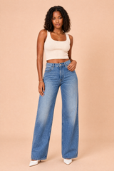 High-waisted wide-leg blue jeans