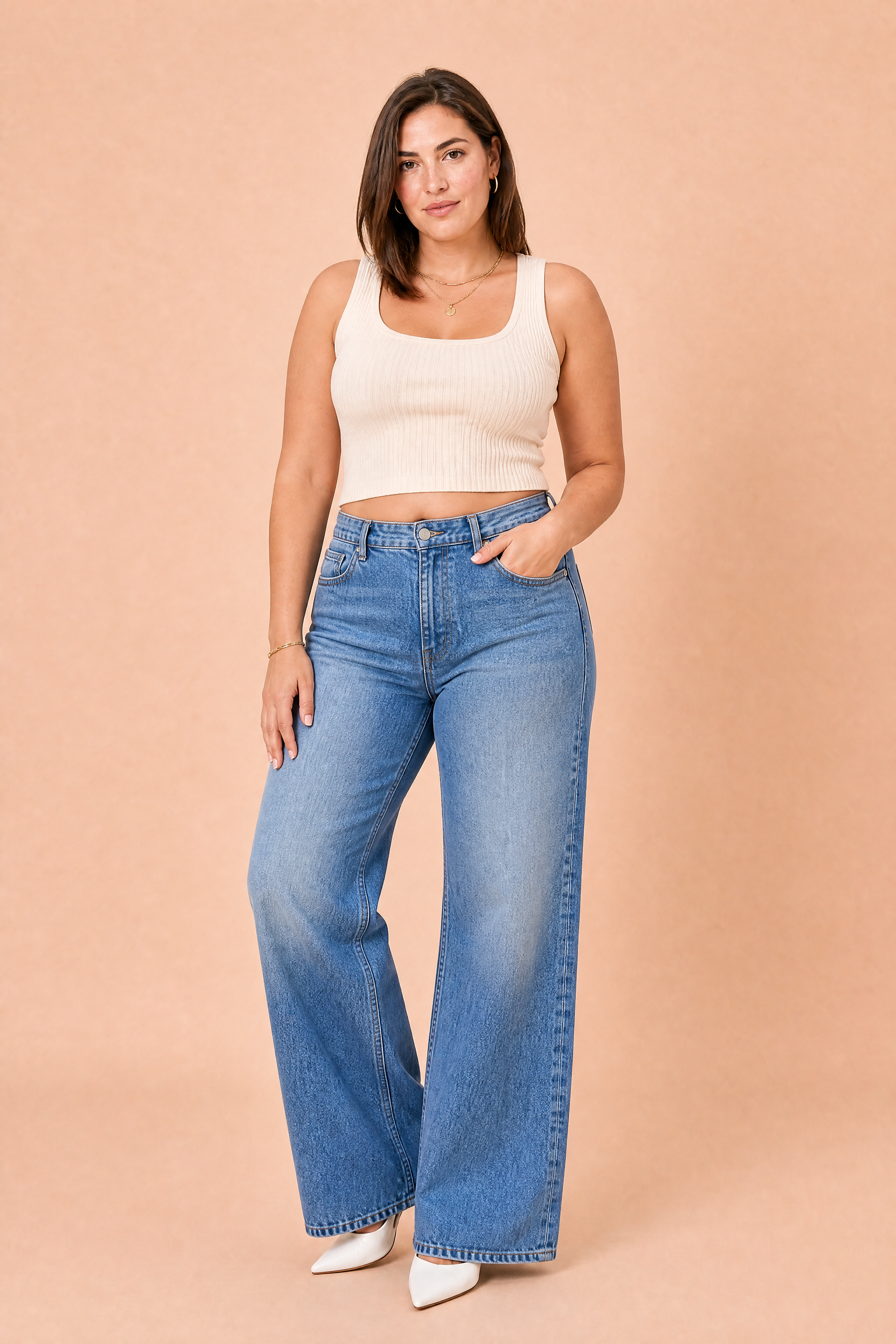 Jean bleu taille haute jambe large | Porté sur une autre silhouette | Lounelle Paris