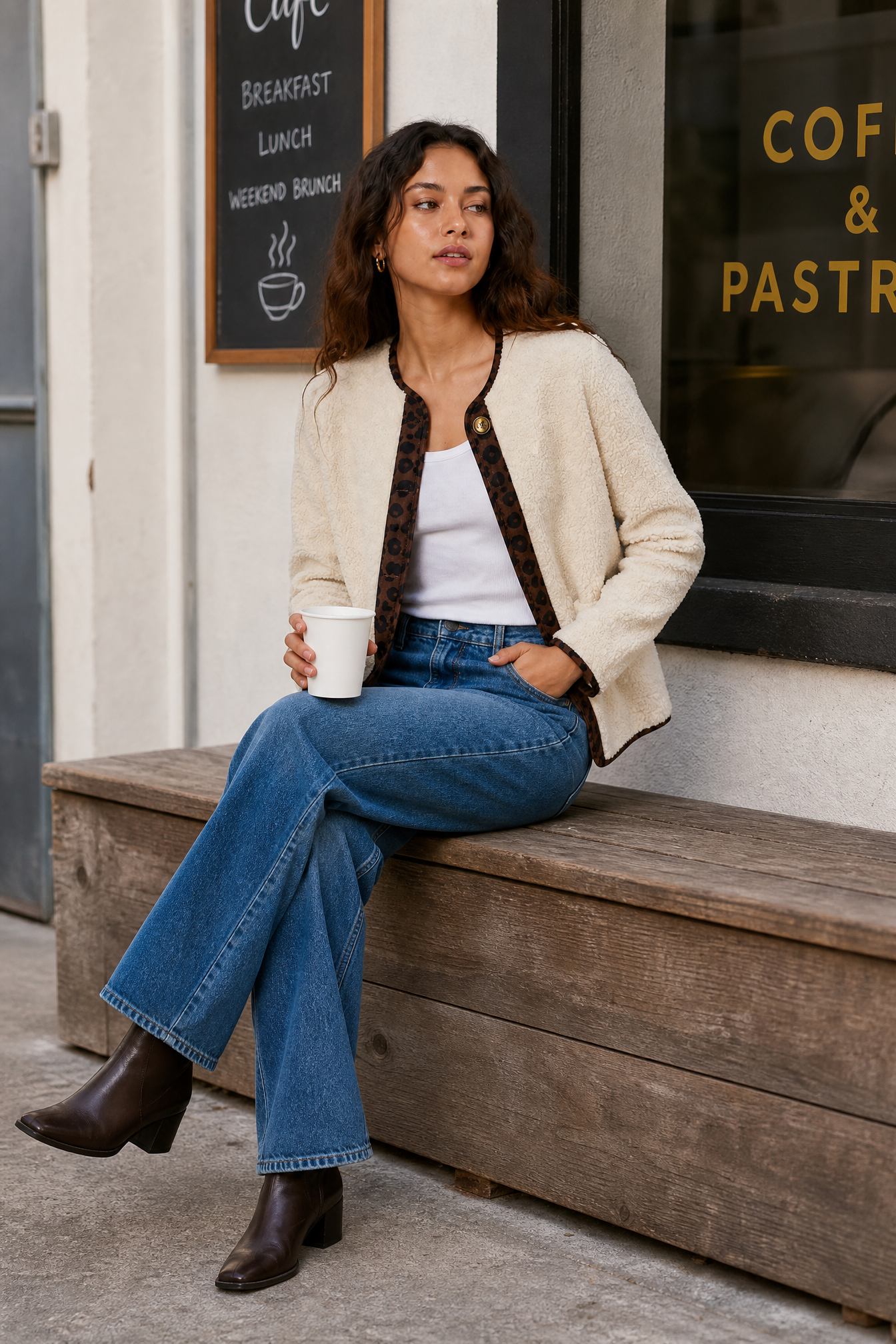 Veste beige sherpa à bordures léopard | Deuxième photo lifestyle | Lounelle Paris