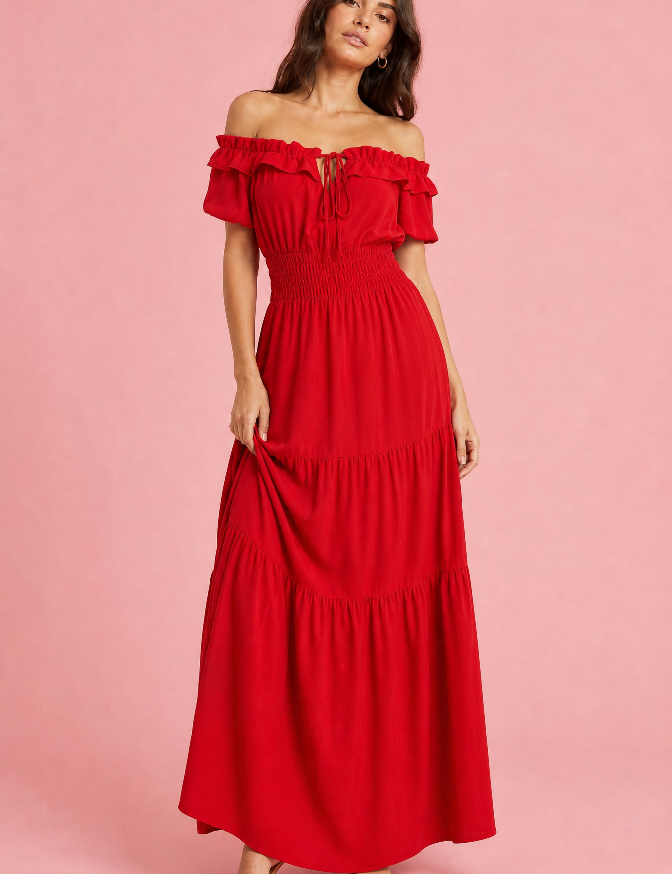 Robe à volants épaules dénudées | Variante Rouge | Lounelle Paris