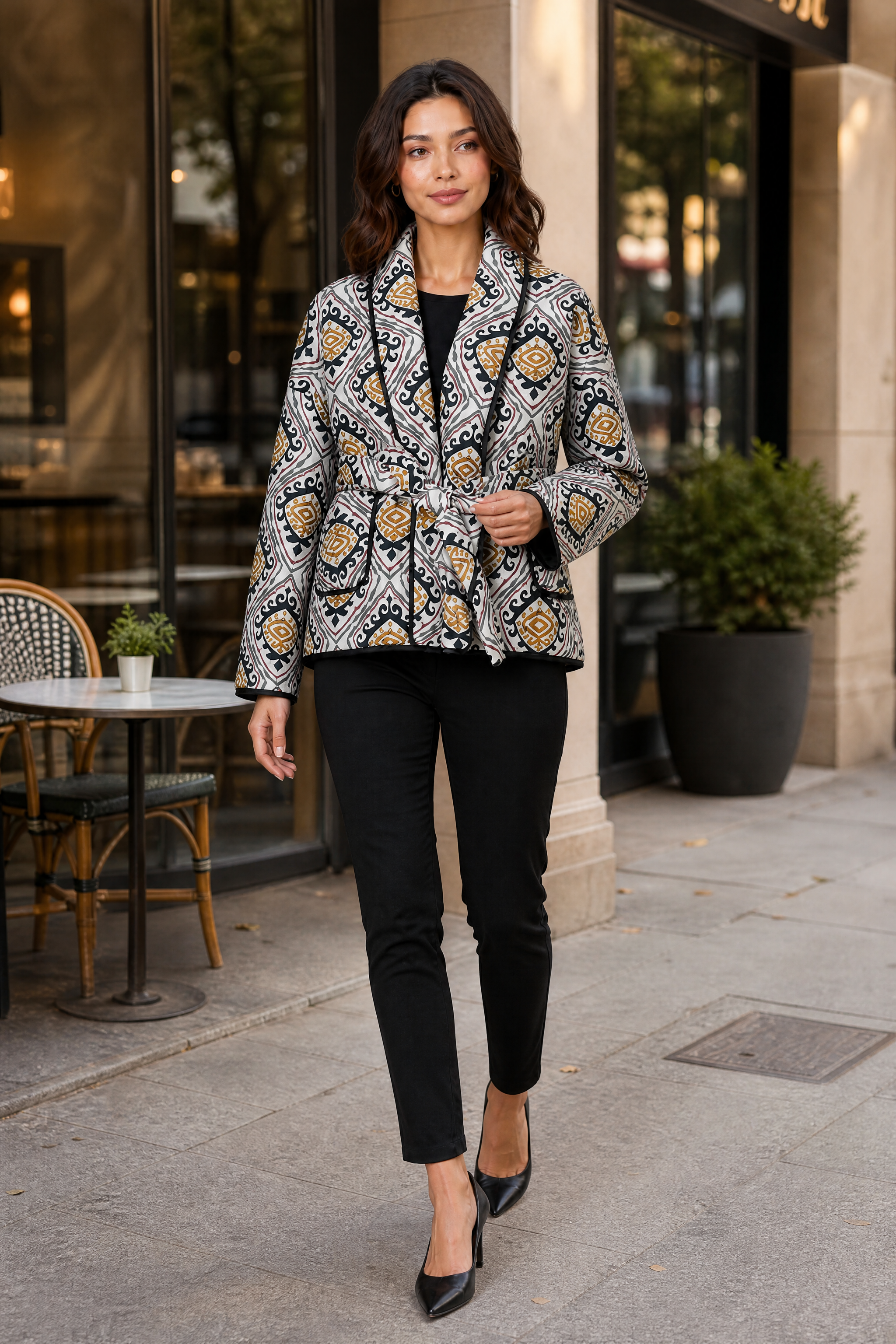 Veste matelassée à imprimé col châle | Photo lifestyle | Lounelle Paris