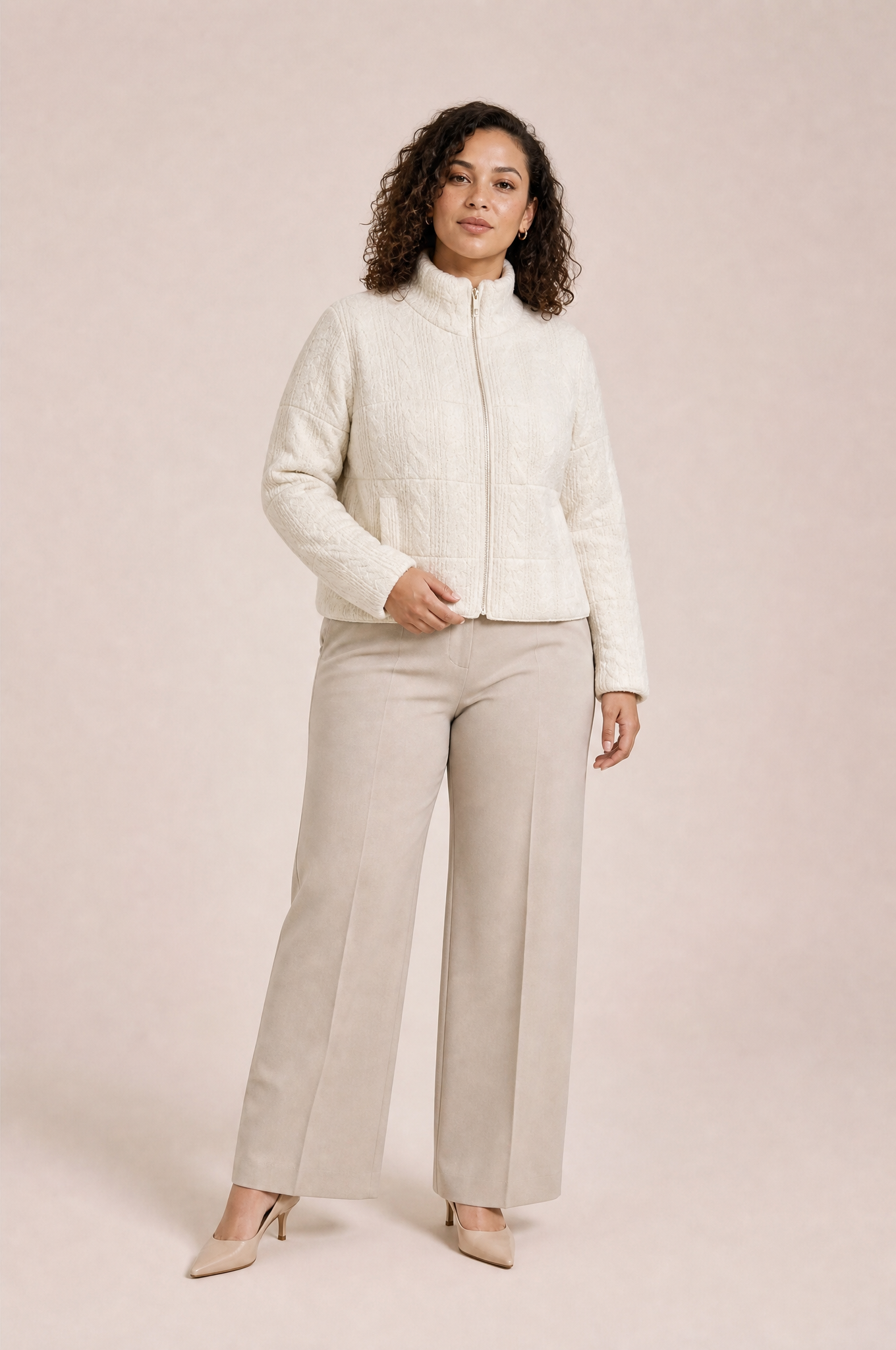Veste maille beige col montant | Porté sur une autre silhouette | Lounelle Paris