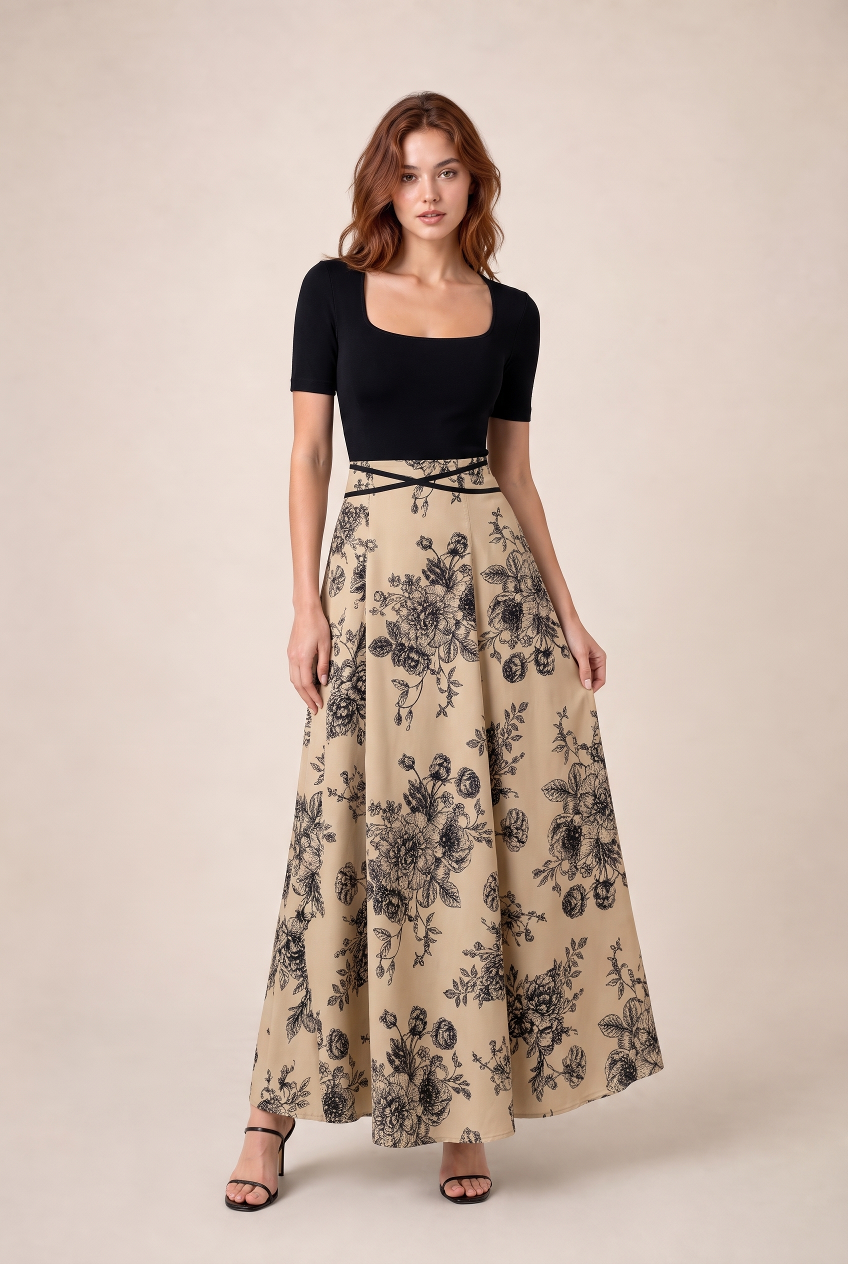 Robe longue bicolore col carré | Variante Beige | Lounelle Paris