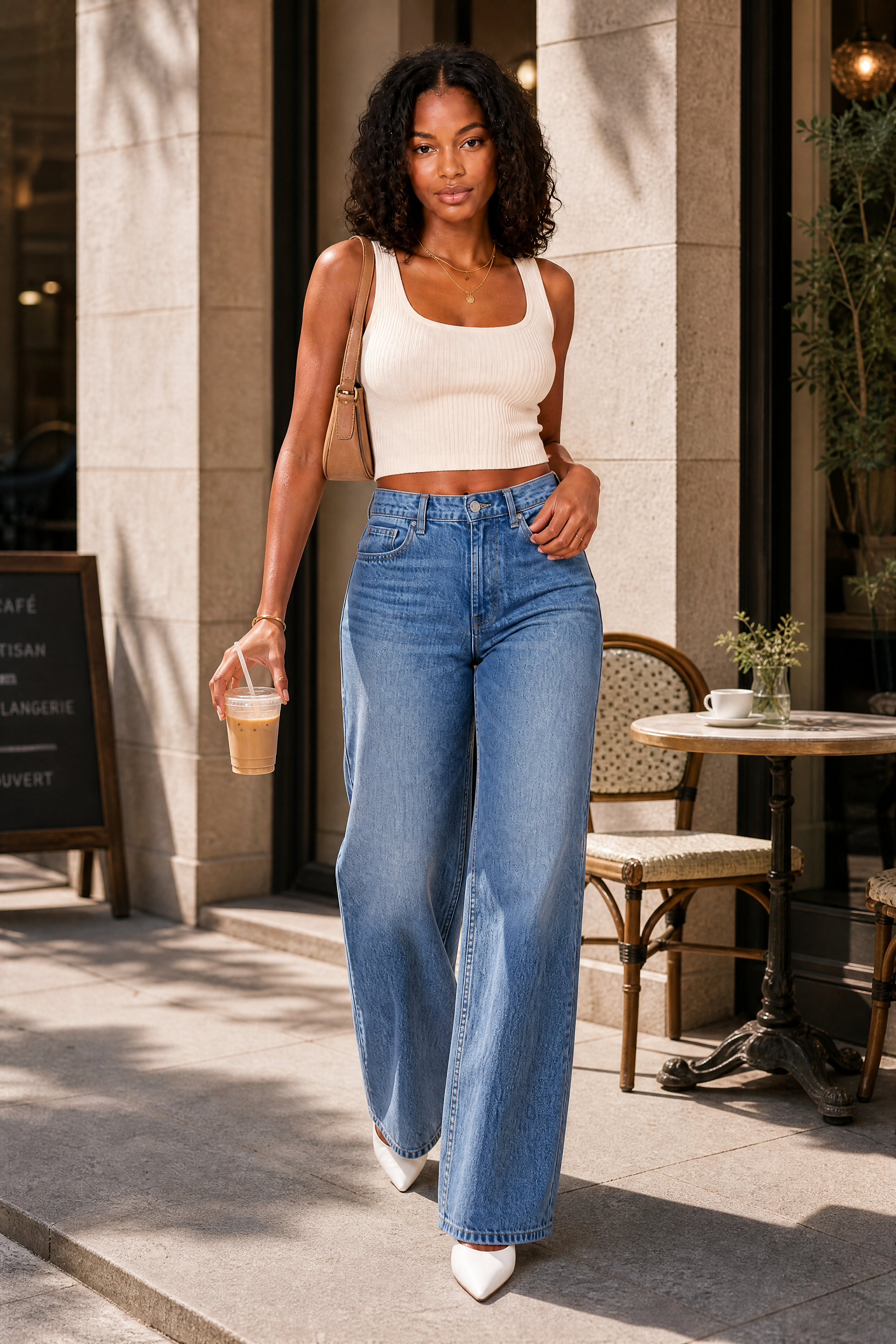 Jean bleu taille haute jambe large | Photo lifestyle | Lounelle Paris
