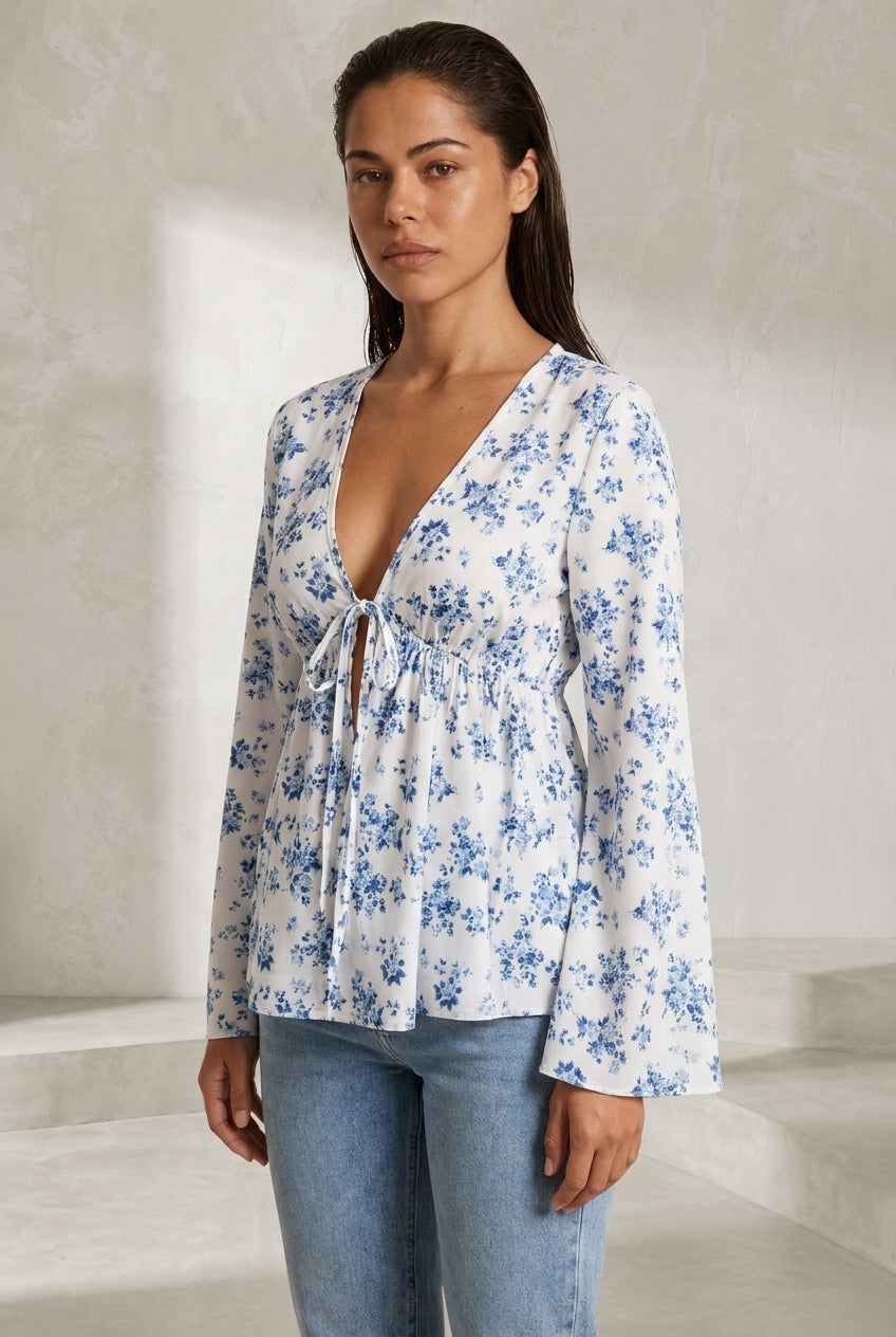 Blouse fleurie col V manches évasées | Lounelle Paris