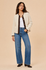 Beige sherpa jacket with leopard trim