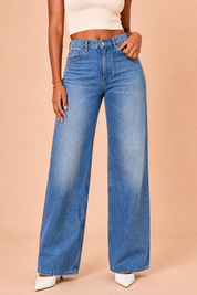 Jean bleu taille haute jambe large | Vue rapprochée | Lounelle Paris