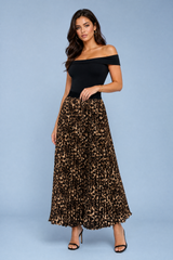 Leopard print pleated maxi skirt