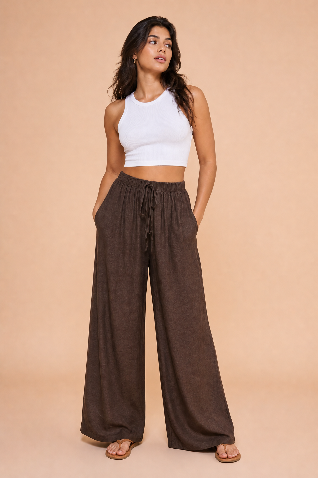 Pantalon marron large taille haute | Vue de face | Lounelle Paris