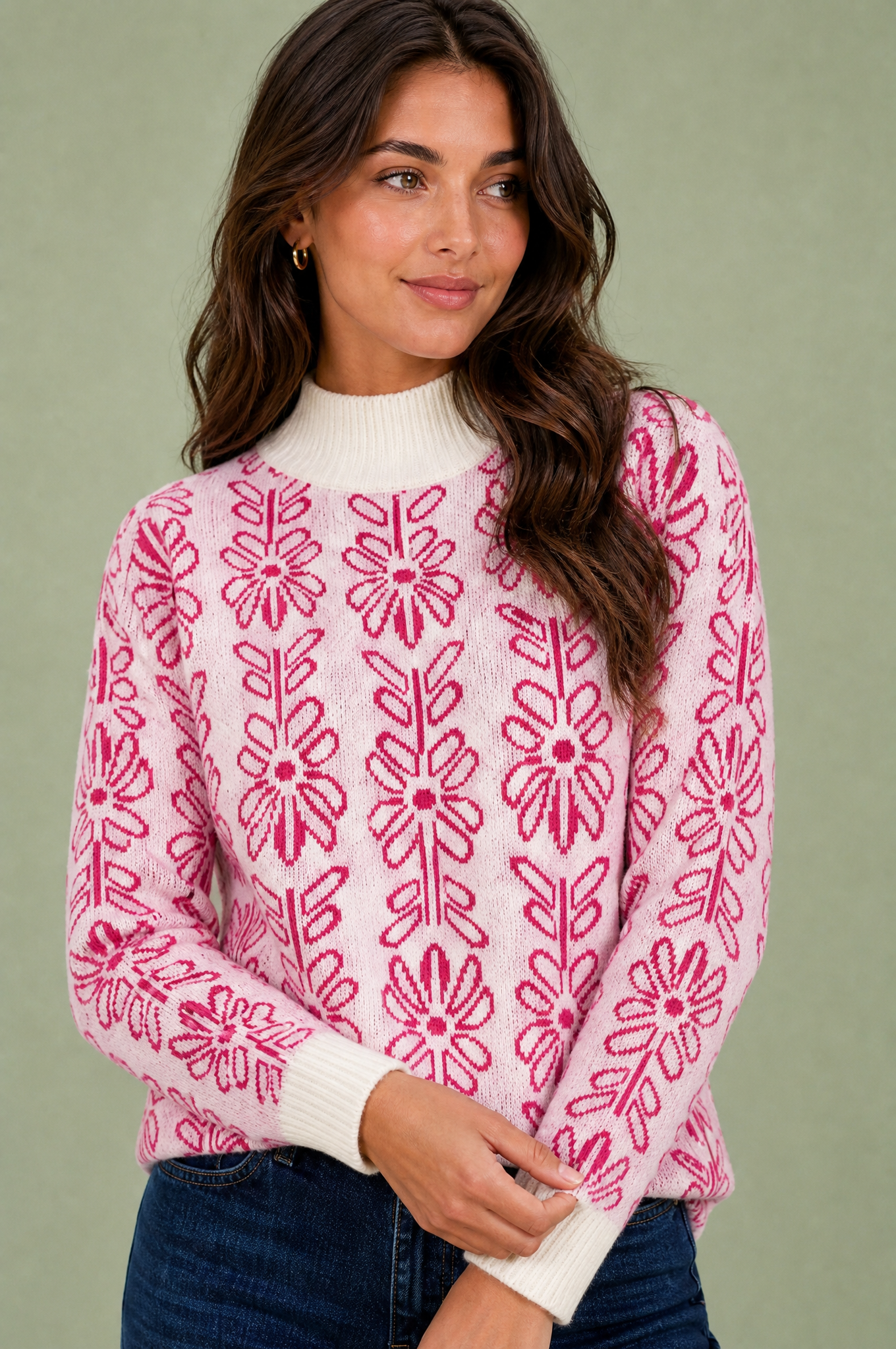 Pull rose jacquard col montant | Vue rapprochée | Lounelle Paris