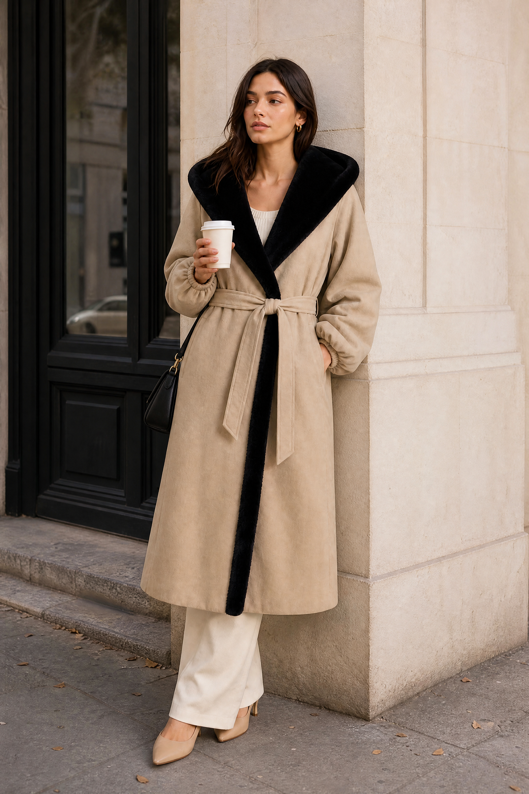 Manteau beige matelassé à capuche | Photo lifestyle | Lounelle Paris