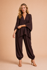 Light Blue Linen-Look V-Neck Pants Set
