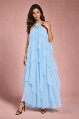 Ruffled Backless Halter Maxi Dress