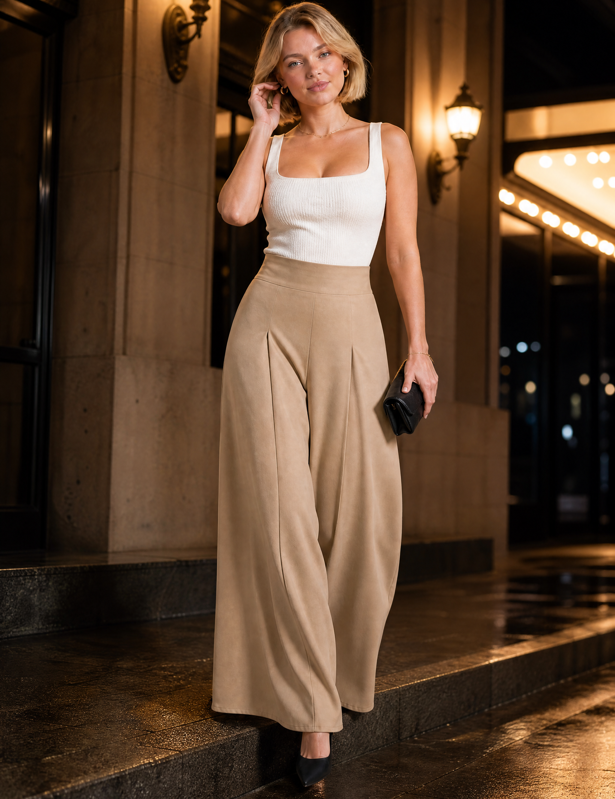 Pantalon large taille haute fluide | Variante Beige - Lifestyle | Lounelle Paris