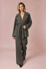 Gray Trench Coat and Wide-Leg Pants Set