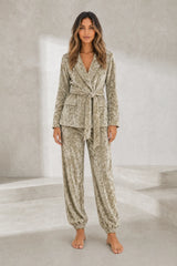 Beige Velvet Belted Set
