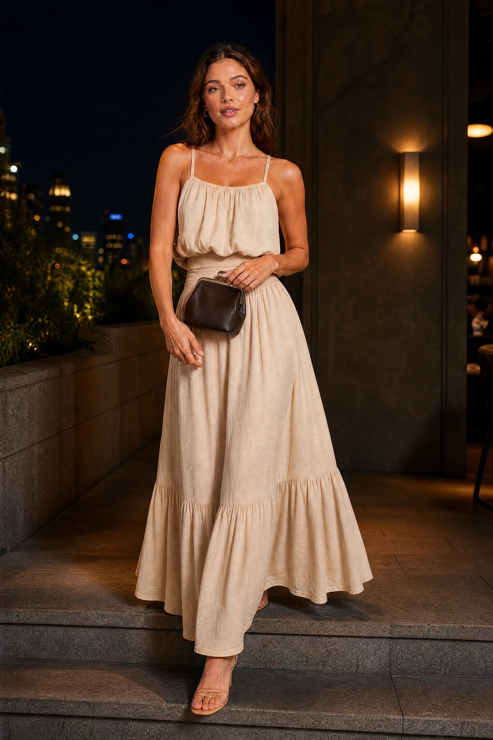Ensemble jupe longue fines bretelles | Variante Beige - Lifestyle | Lounelle Paris