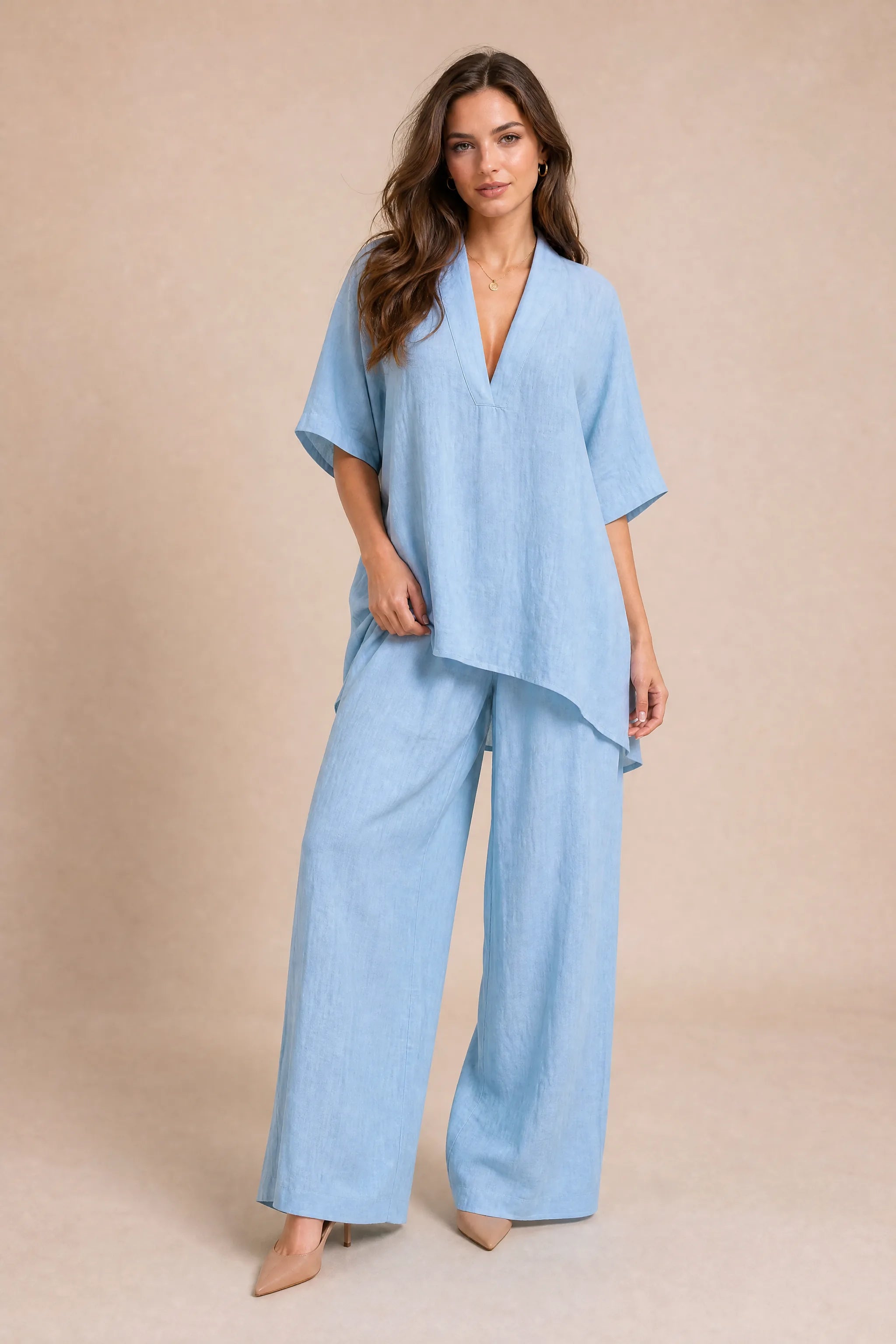 Ensemble pantalon ample col V | Vue de face | Lounelle Paris