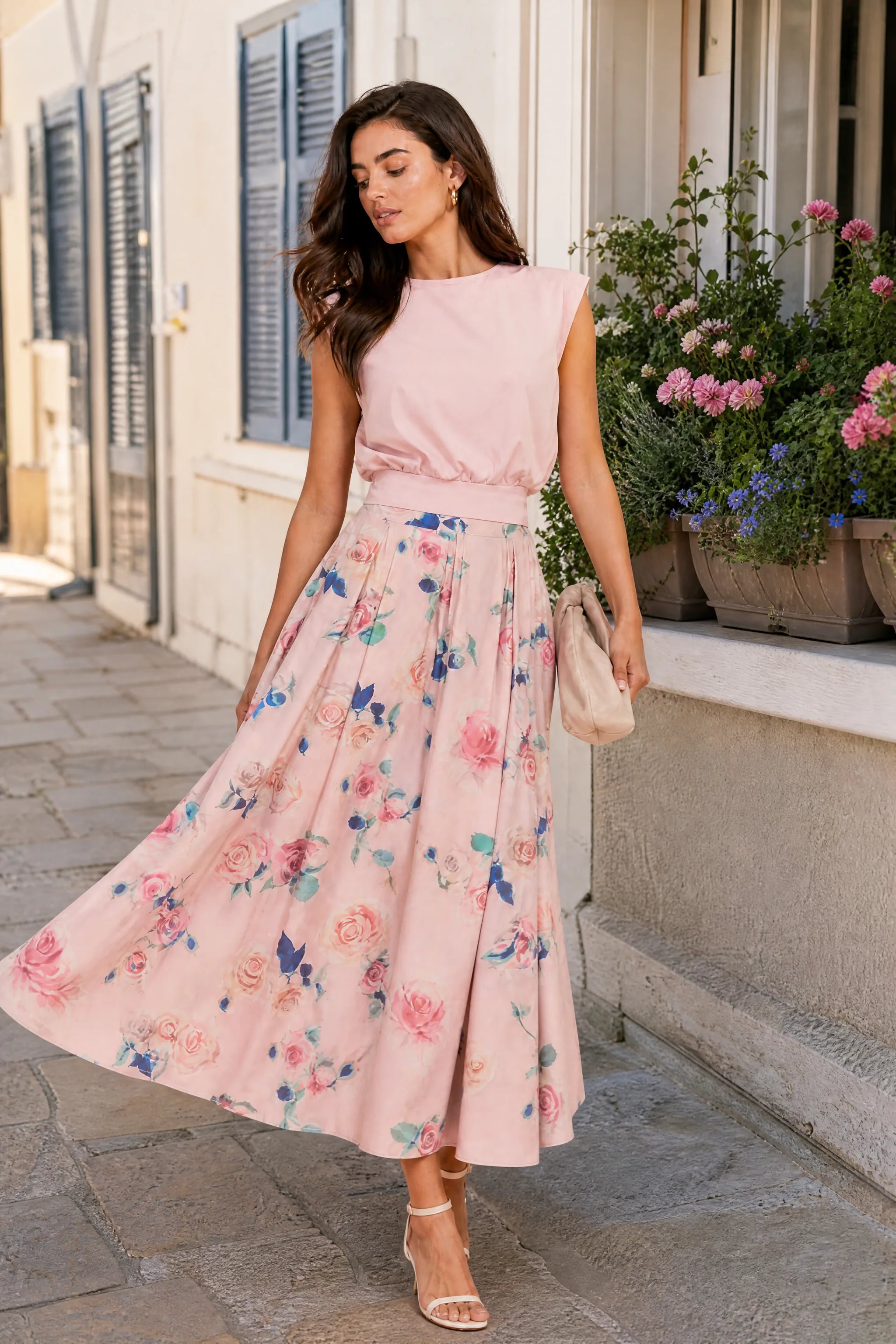 Ensemble rose floral taille haute | Deuxième photo lifestyle | Lounelle Paris