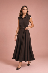 Brown Sleeveless Belted Shirt Dress