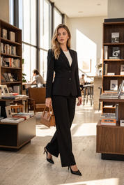 Ensemble noir blazer pantalon large | Photo lifestyle | Lounelle Paris